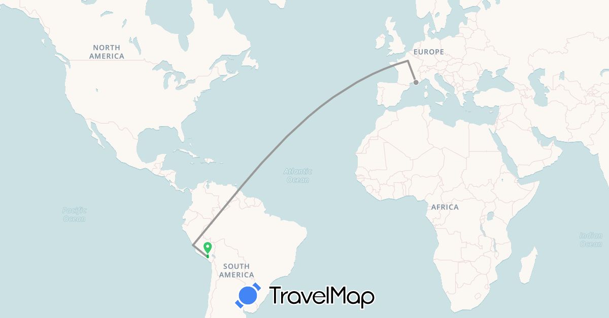 TravelMap itinerary: driving, bus, plane in France, Peru (Europe, South America)